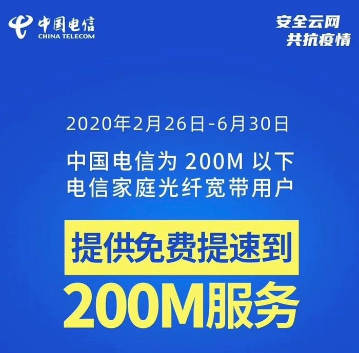 中国电信宽带宣布提速:可免费升级至 200m